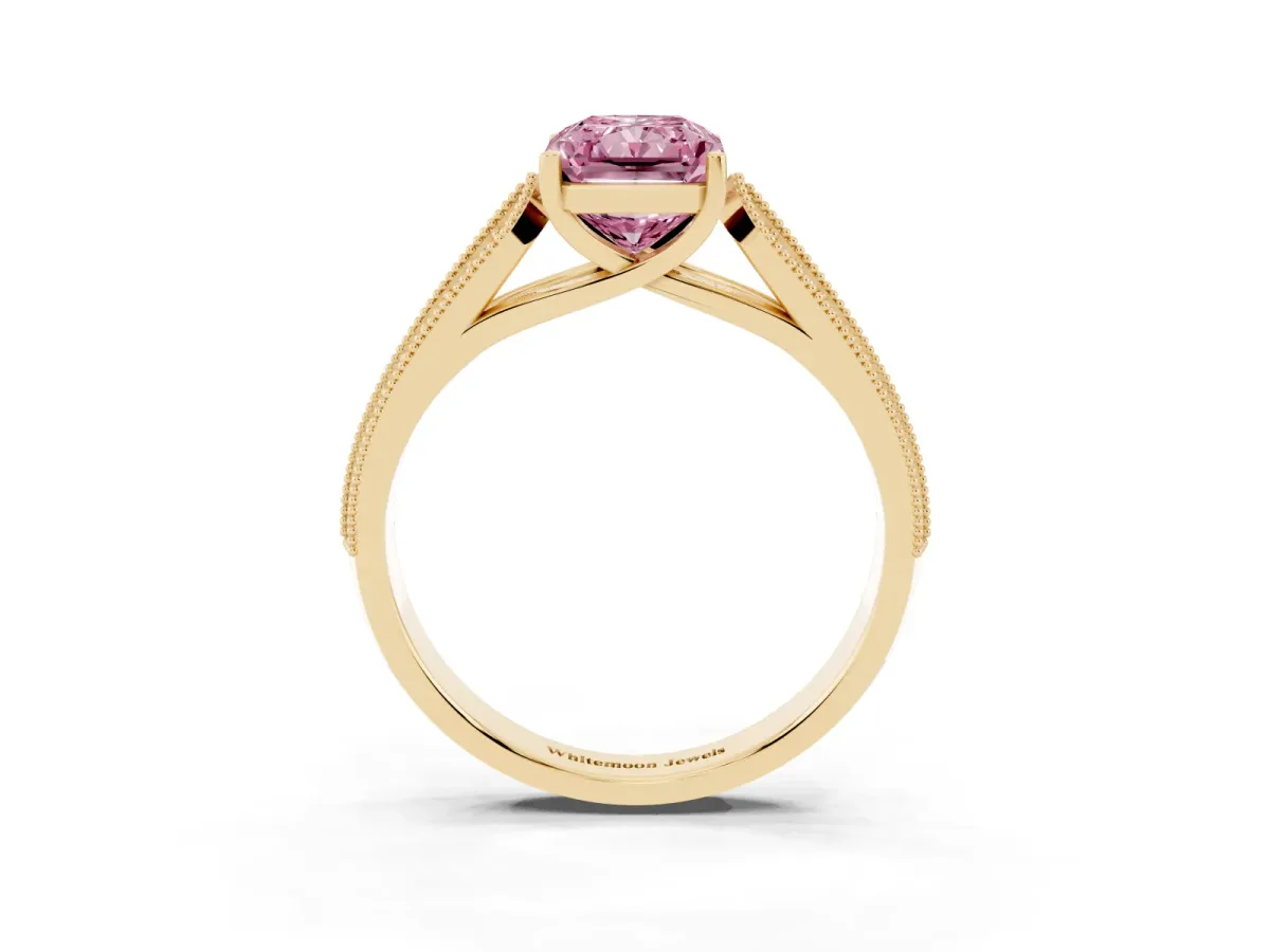 Fancy Pink Radiant Cut Cut Pave Split Shank Engagement Ring with Four-Prong Setting Yellow gold