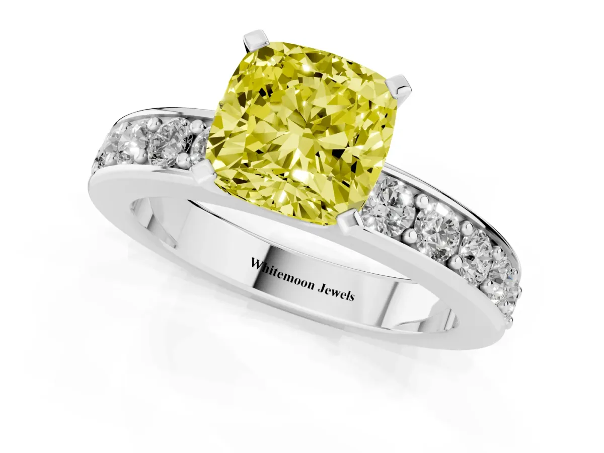 Fancy Yellow Cushion Cut Diamond Engagement Ring with Channel Set Round Band and Prong Setting Silver