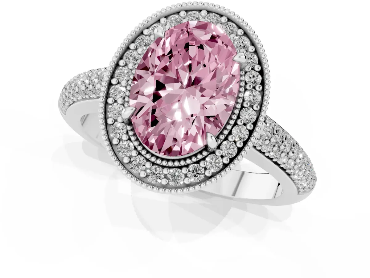 Fancy Pink Oval Cut Cut Halo Diamond Pave Band with Four-Prong Setting Silver