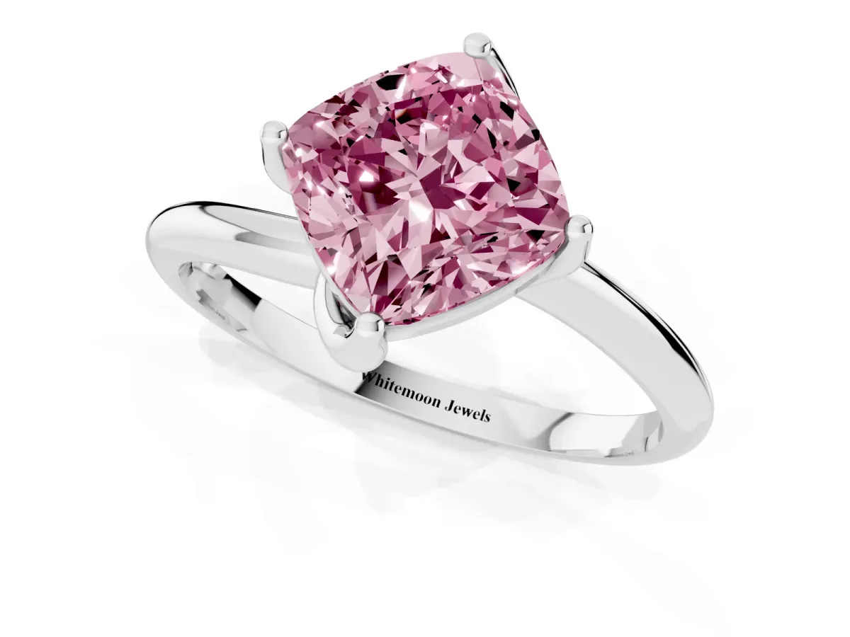 Fancy Pink Cushion Cut Diamond Solitaire Engagement Ring with Four-Prong Setting and Classic Band Platinum