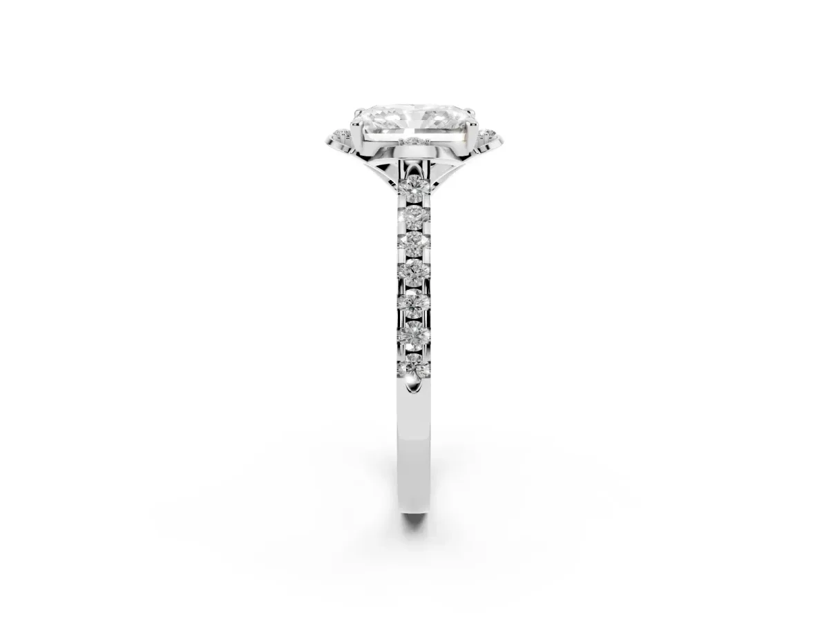 Radiant Cut Diamond Ring with Pavé Band and Floral Prong Setting Silver