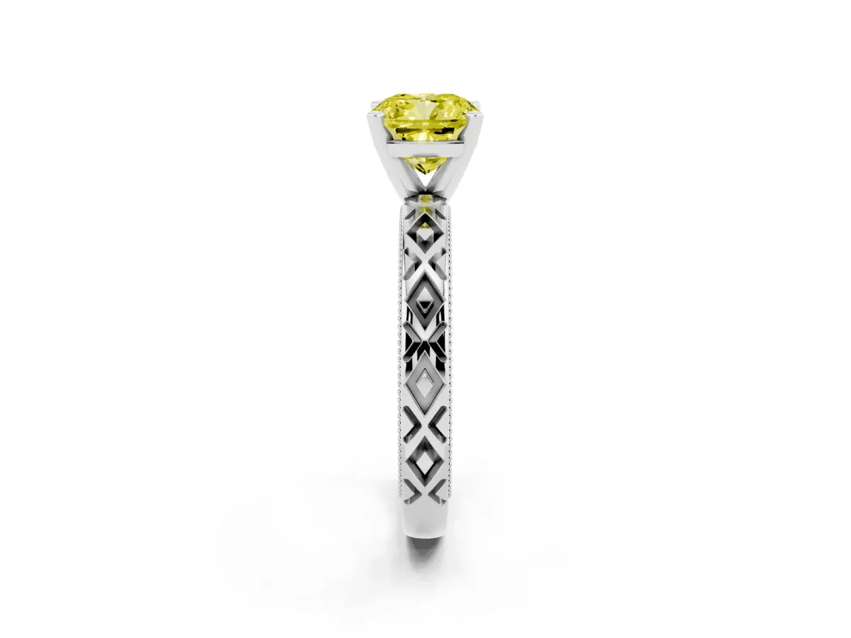 Fancy Yellow Cushion Cut Solitaire Diamond Ring with Milgrain and Black Enamel X Pattern Band Silver