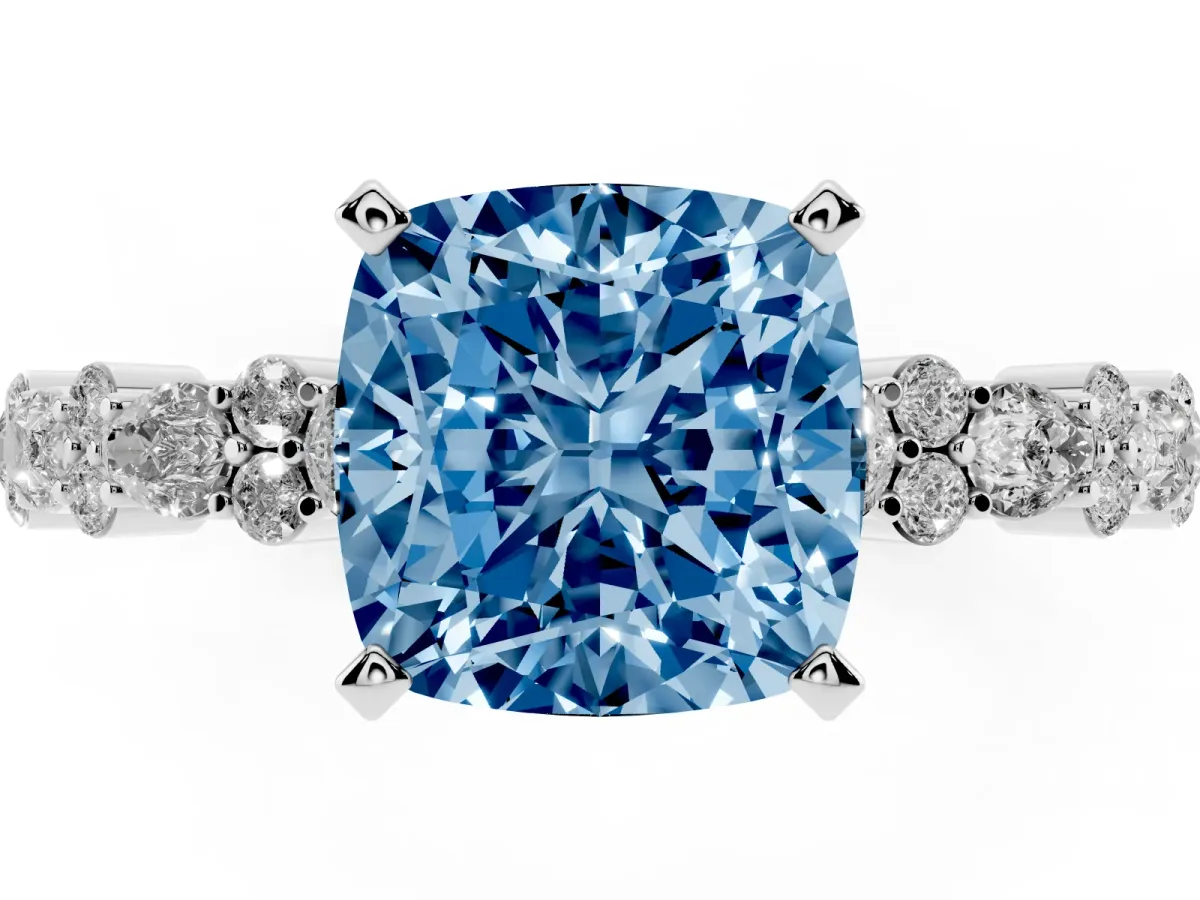 Fancy Blue Cushion Cut Diamond Side Stone Solitaire Ring with Round and Four-Prong Setting Platinum