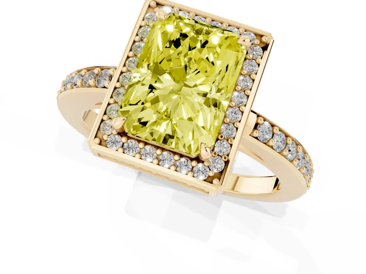 Fancy Yellow Radiant Cut Halo Pave Band Solitaire Ring with Prong Setting Yellow gold