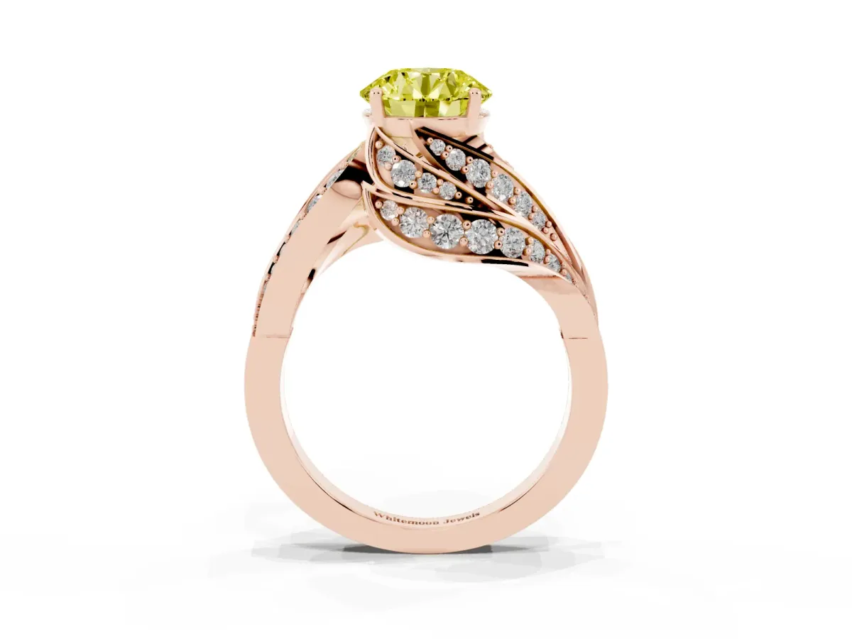 Fancy Yellow Round Cut Diamond Solitaire Ring with Prong Setting and Twisted Pavé Band Rose gold