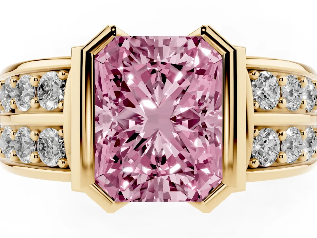 Fancy Pink Radiant Cut Brilliant Diamond Channel Set Wide Band Ring with Bezel Setting Yellow gold