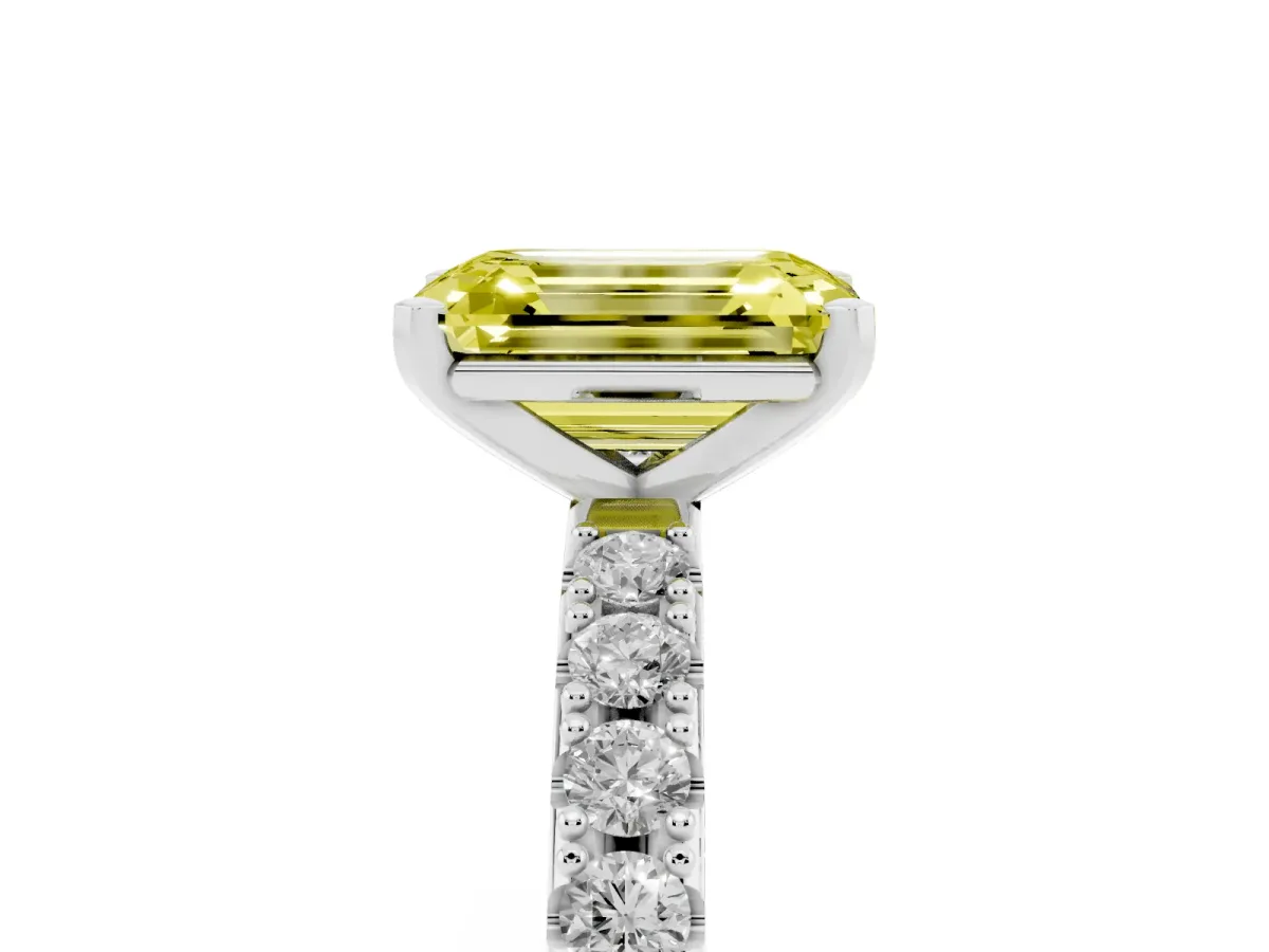 Fancy Yellow Emerald Cut Diamond Solitaire Pavé Band with Four-Prong Setting Silver
