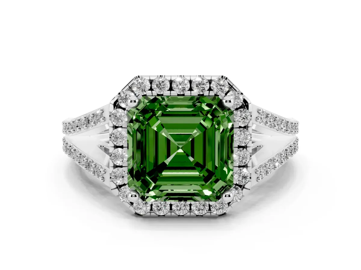 Fancy Green Asscher Cut Halo Split Shank Diamond Ring with Prong Setting Silver