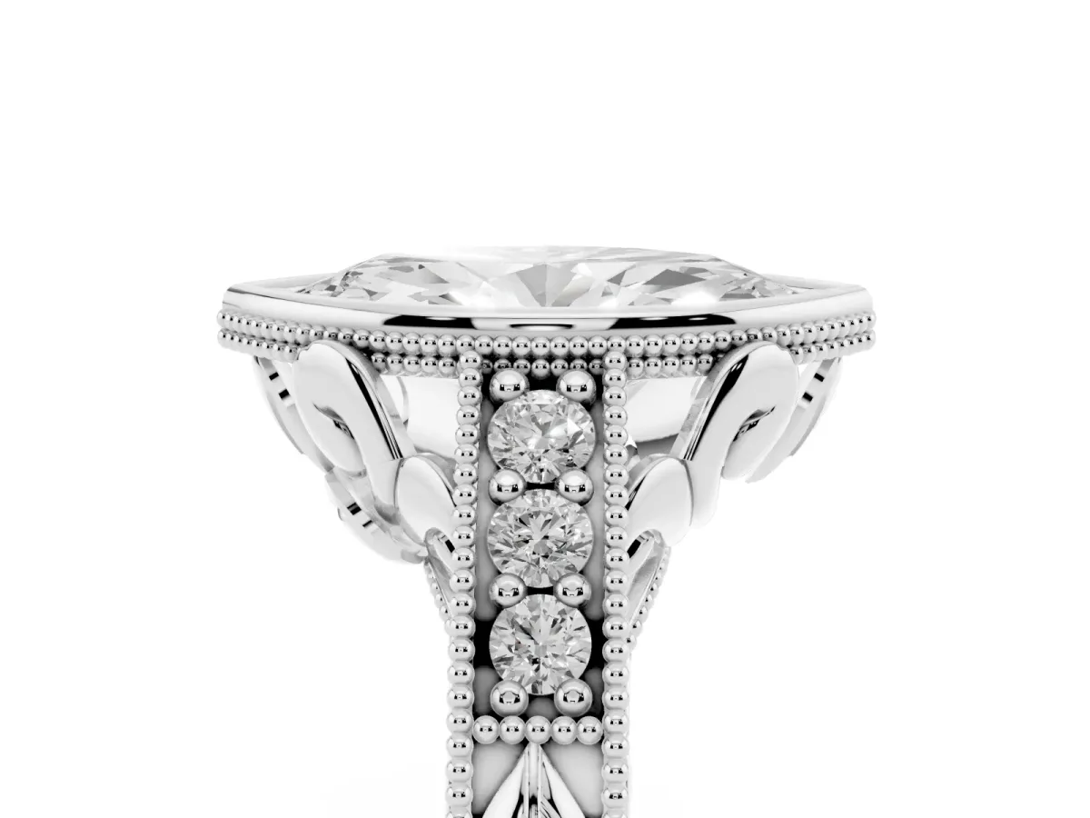 Bezel Set Marquise Cut Diamond Milgrain Pave Engagement Ring Silver