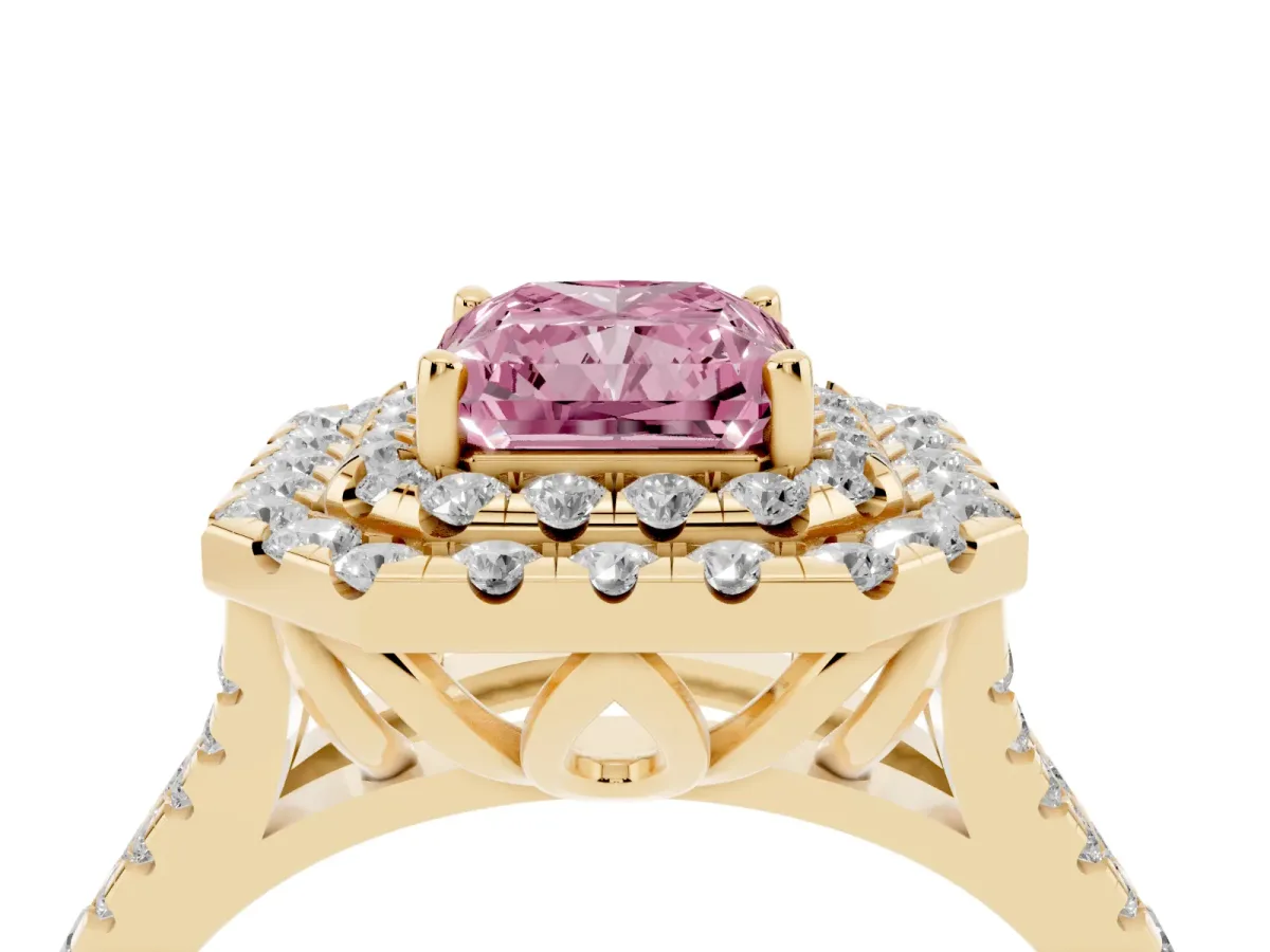Fancy Pink Double Halo Radiant Cut Diamond Pavé Split Shank Ring with Prong Setting Yellow gold