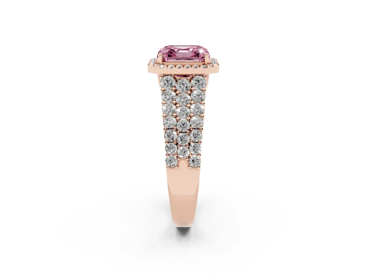 Fancy Pink Asscher Cut Diamond Halo Engagement Ring with Triple Row Round Pavé Band and Prong Setting Rose gold