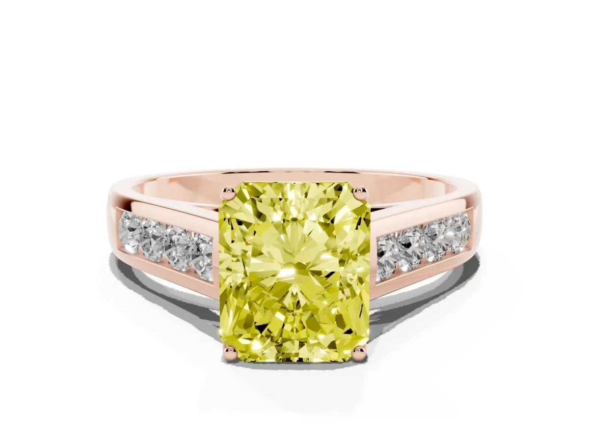 Fancy Yellow Radiant Cut Brilliant Channel-Set Solitaire Ring with Four-Prong Setting Rose gold