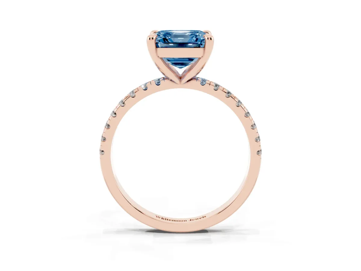 Fancy Blue Asscher Cut Diamond Brilliant Solitaire Ring with Pavé Band and Four-Prong Setting Rose gold