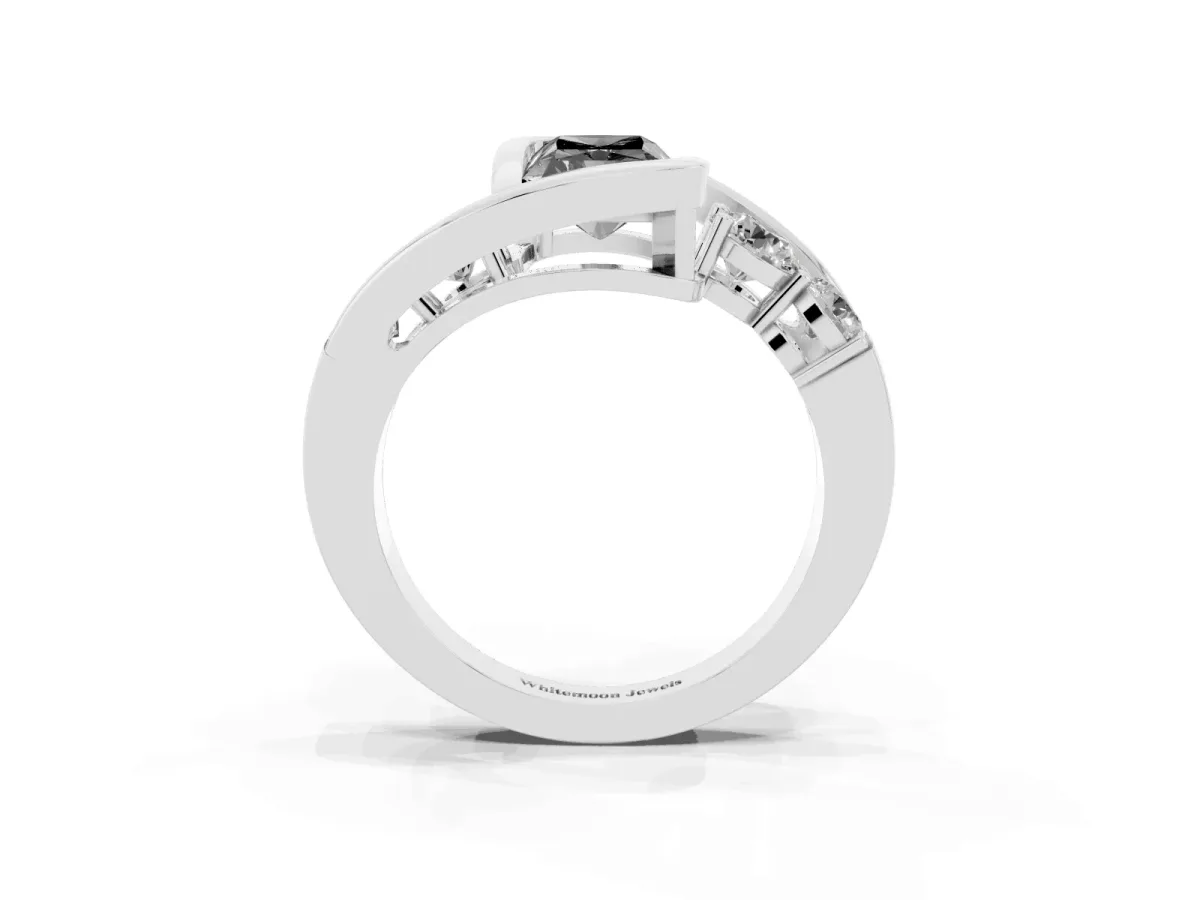 Fancy Black Bezel Set Radiant Cut Diamond Bypass Ring with Round Accents Silver