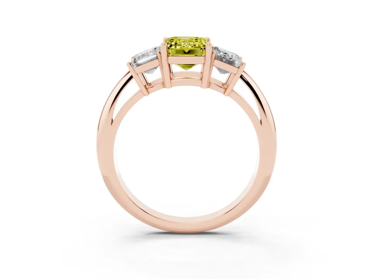 Fancy Yellow Three-Stone Emerald Cut Cut Diamond Engagement Ring with Prong Setting on a White Gold Band Rose gold