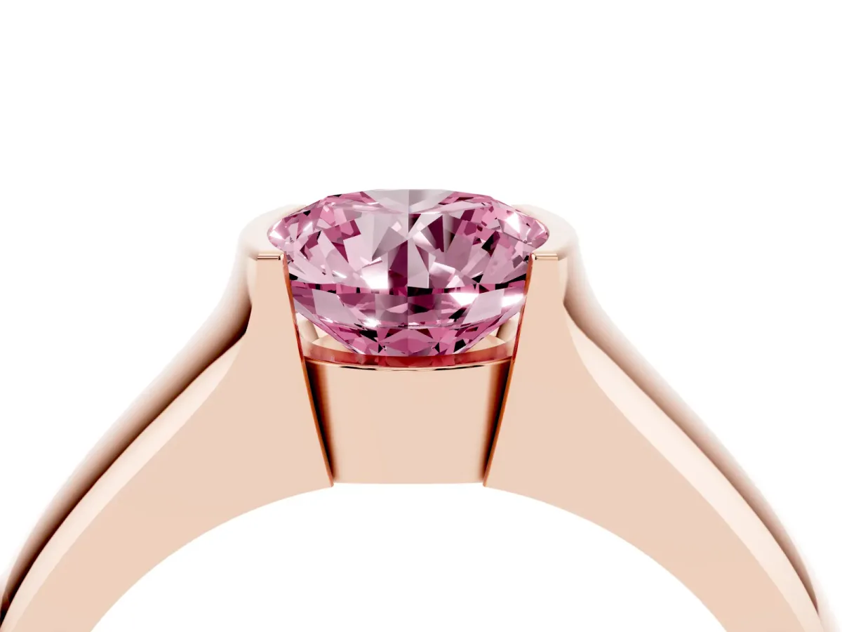 Fancy Pink Round Cut Solitaire Bezel Set Diamond Ring with Wide Band Rose gold