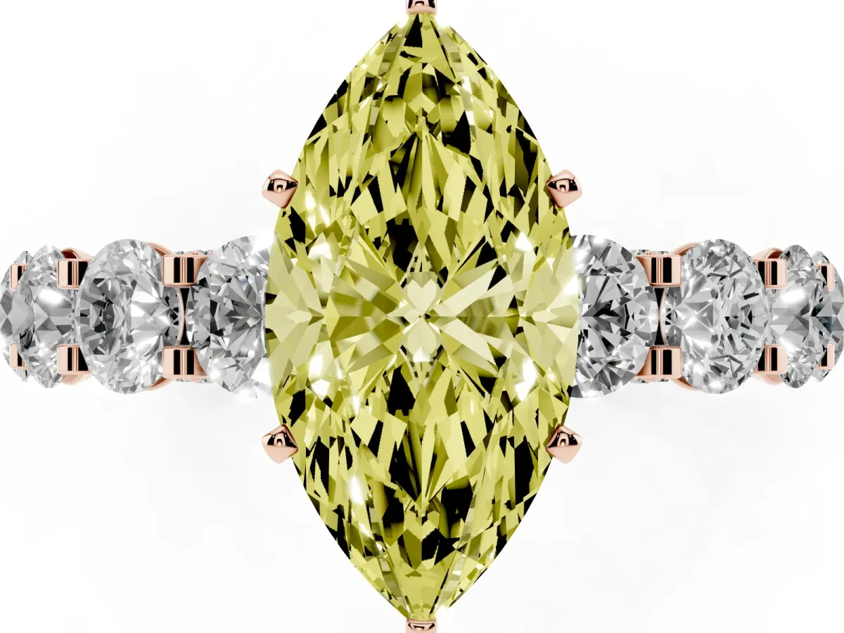 Fancy Yellow Marquise Cut Diamond Side Stone Engagement Ring with Four-Prong Setting Rose gold