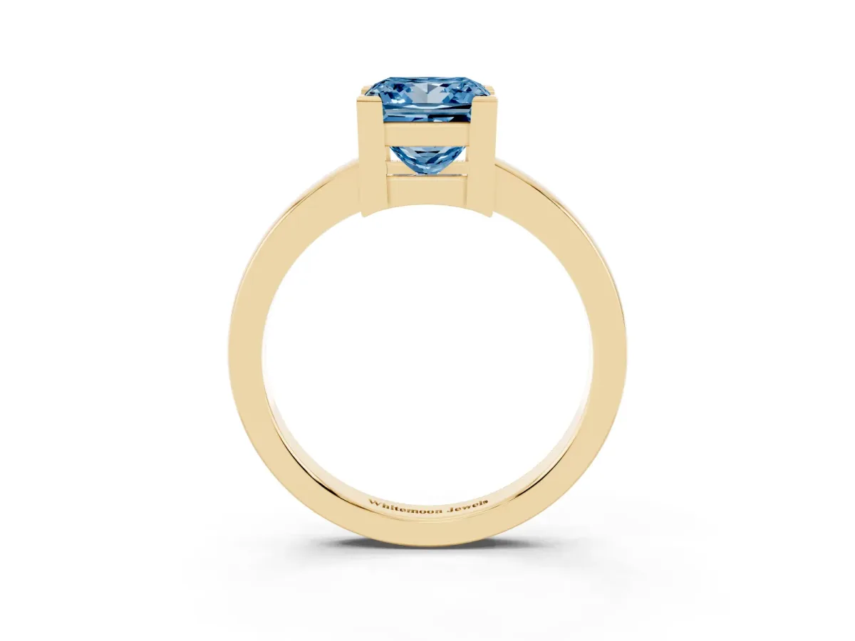 Fancy Blue Princess Cut Cut Solitaire Ring with Four-Prong Setting and Classic Band Yellow gold