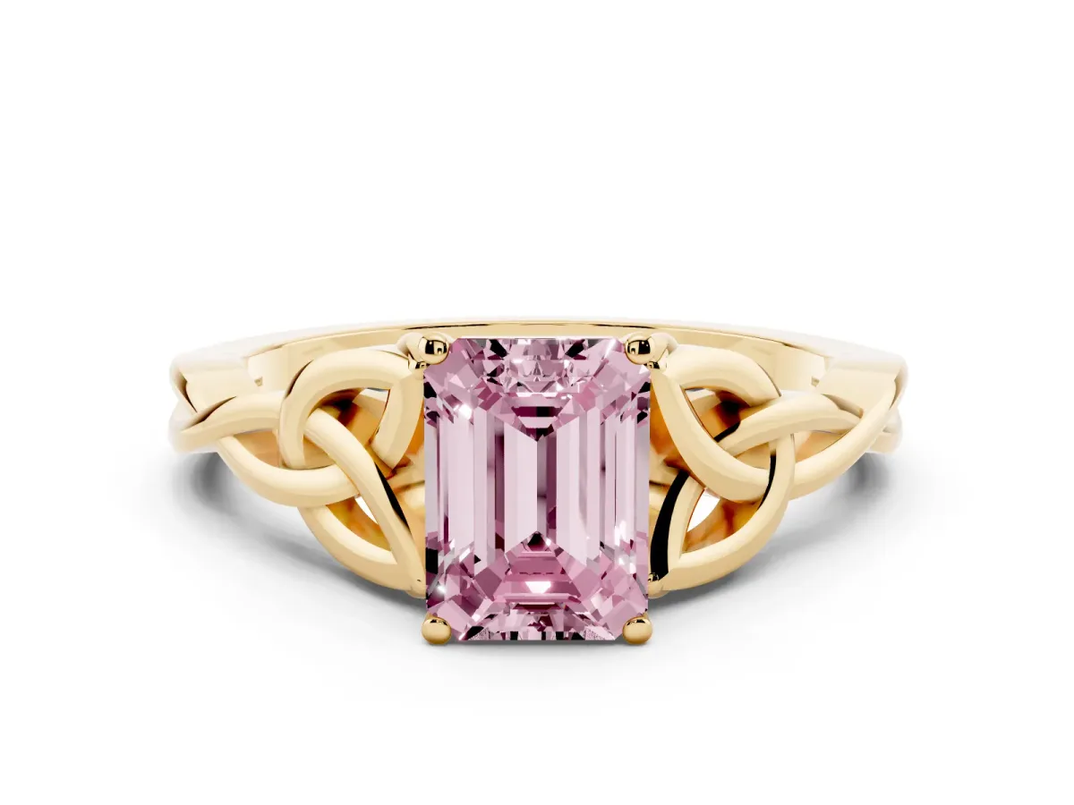 Fancy Pink Emerald Cut Diamond Solitaire Engagement Ring with Celtic Knot Band and Four-Prong Setting Yellow gold