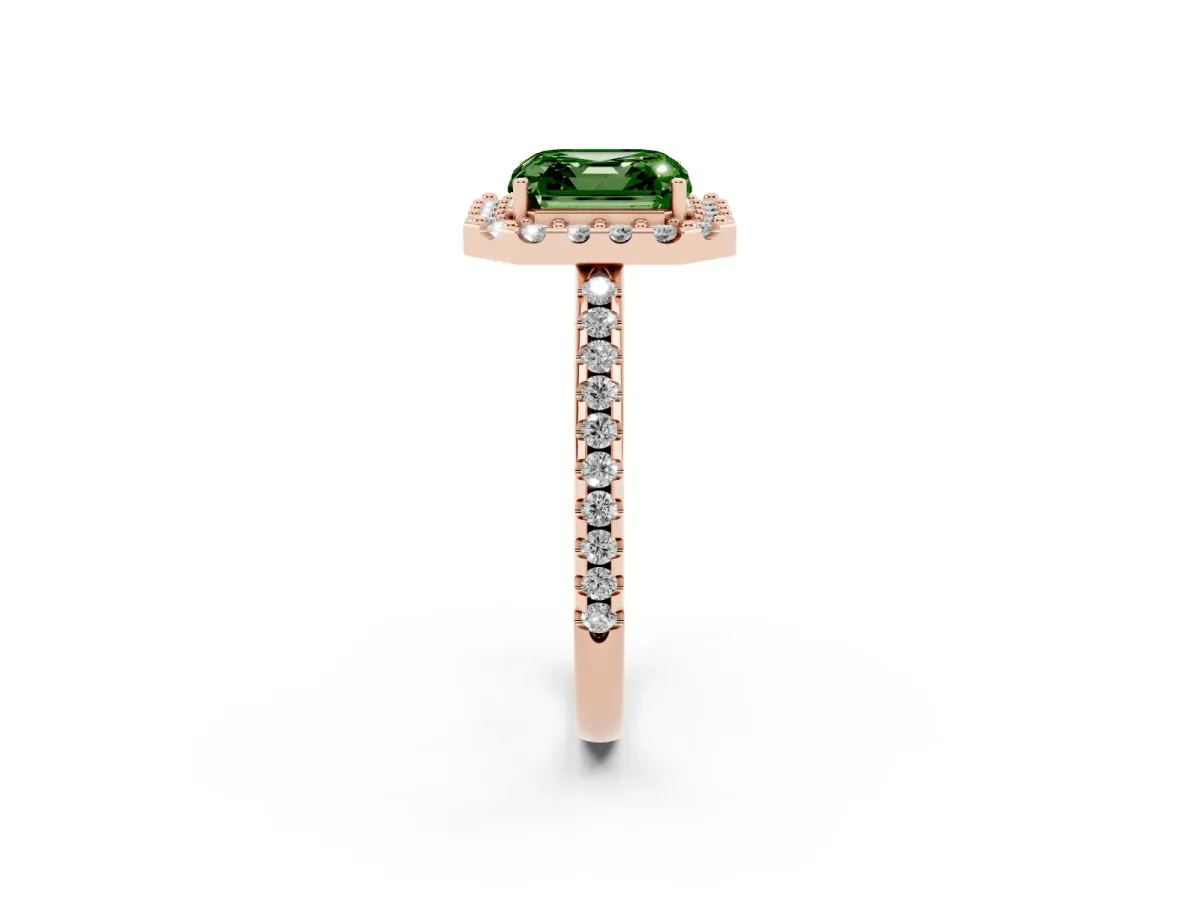 Fancy Green Asscher Cut Diamond Pavé Halo Ring with Four-Prong Setting Rose gold