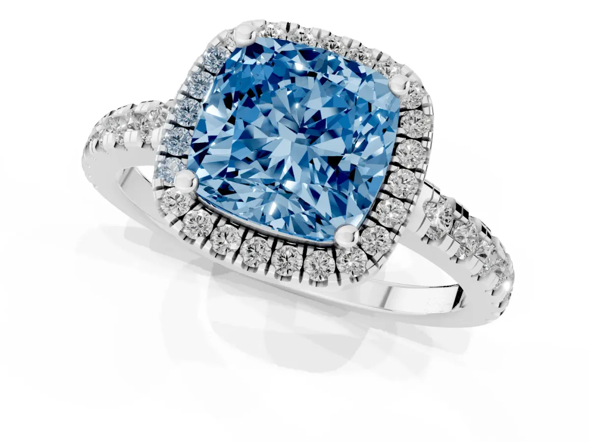 Fancy Blue Cushion Cut Diamond Halo Ring with Pavé Band and Four-Prong Setting White gold
