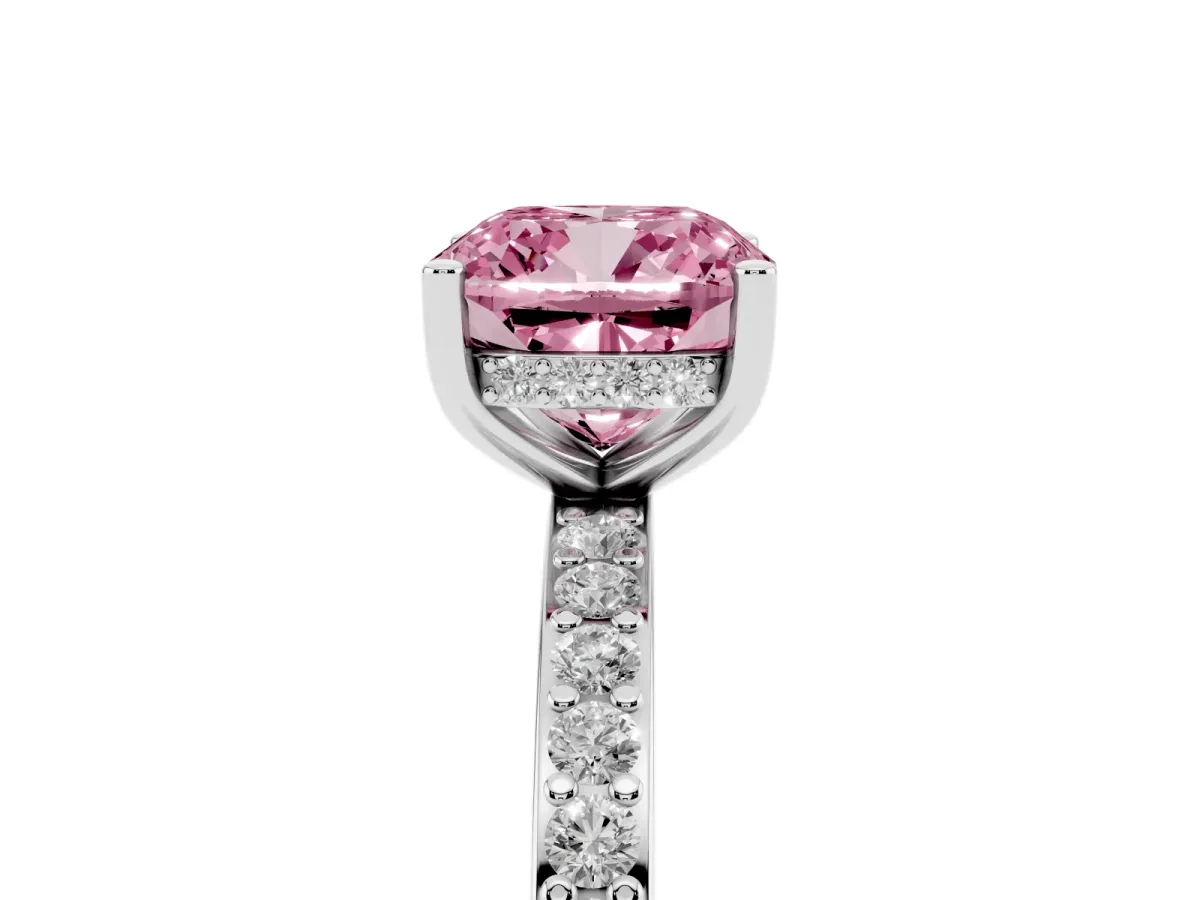 Fancy Pink Cushion Cut Cut Diamond Pavé Band Ring with Four-Prong Setting Silver