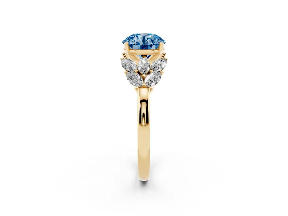 Fancy Blue Round Cut Diamond Cluster Leaf Design Ring with Prong Setting Yellow gold