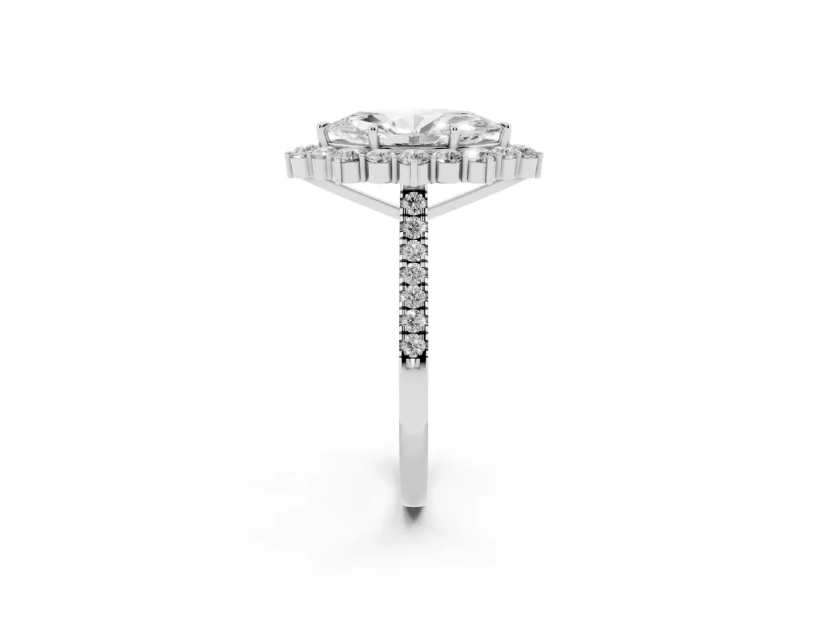 Marquise Cut Halo Diamond Ring with Pavé Band and Prong Setting Platinum