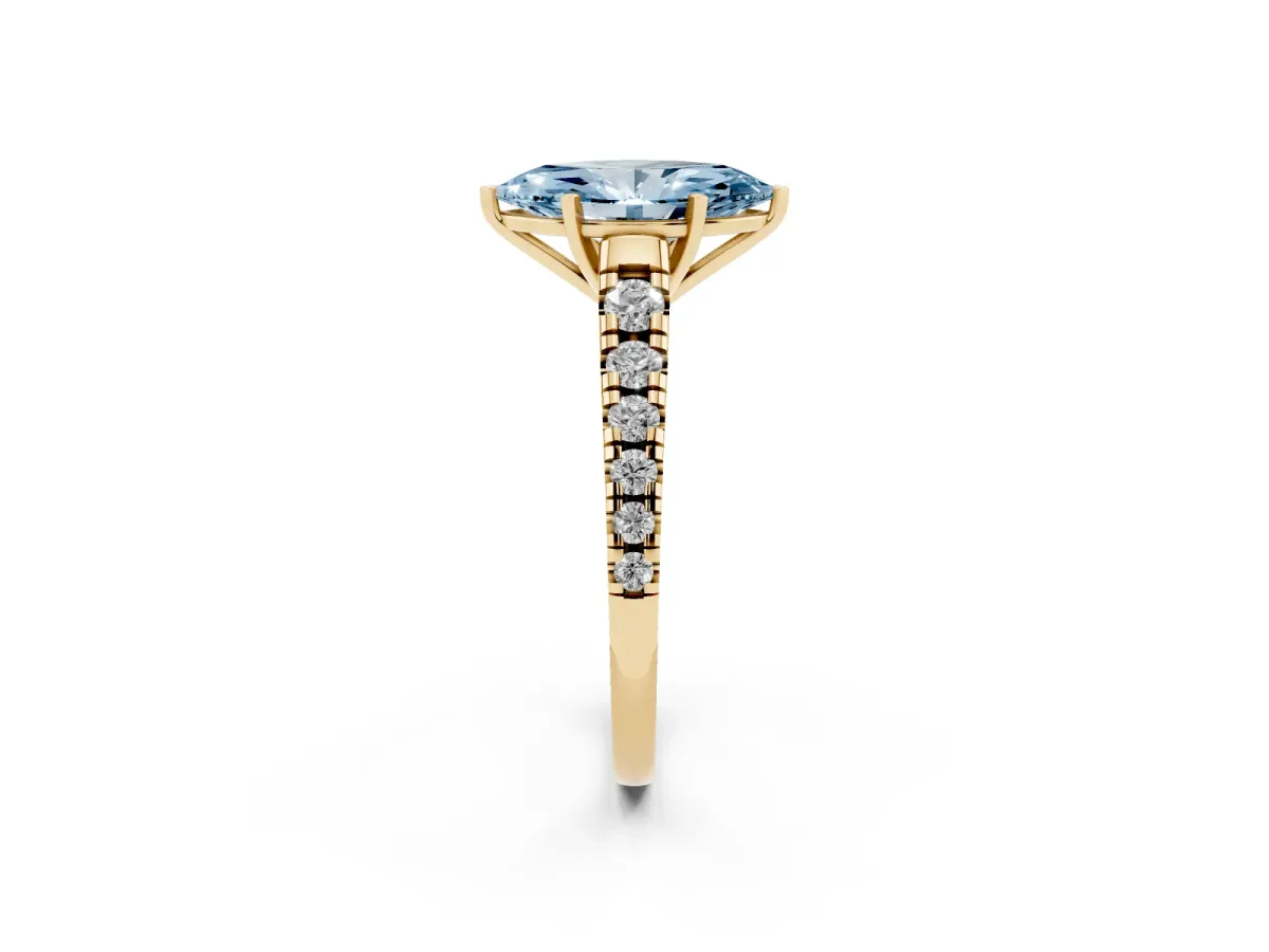 Fancy Blue Marquise Cut Diamond Cathedral Solitaire Ring with Round Pavé Band Yellow gold