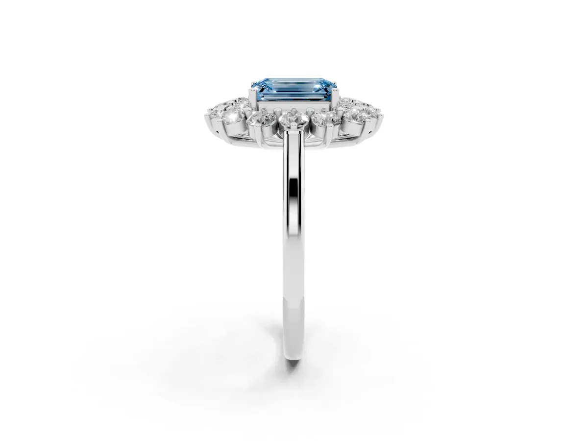 Fancy Blue Emerald Cut Diamond Floral Double Halo Engagement Ring with Prong Setting Silver