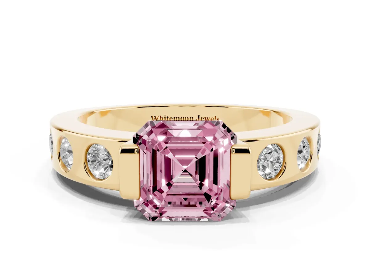 Fancy Pink Asscher Cut Brilliant Channel-Set Diamond Ring with Bezel Prong Setting Yellow gold