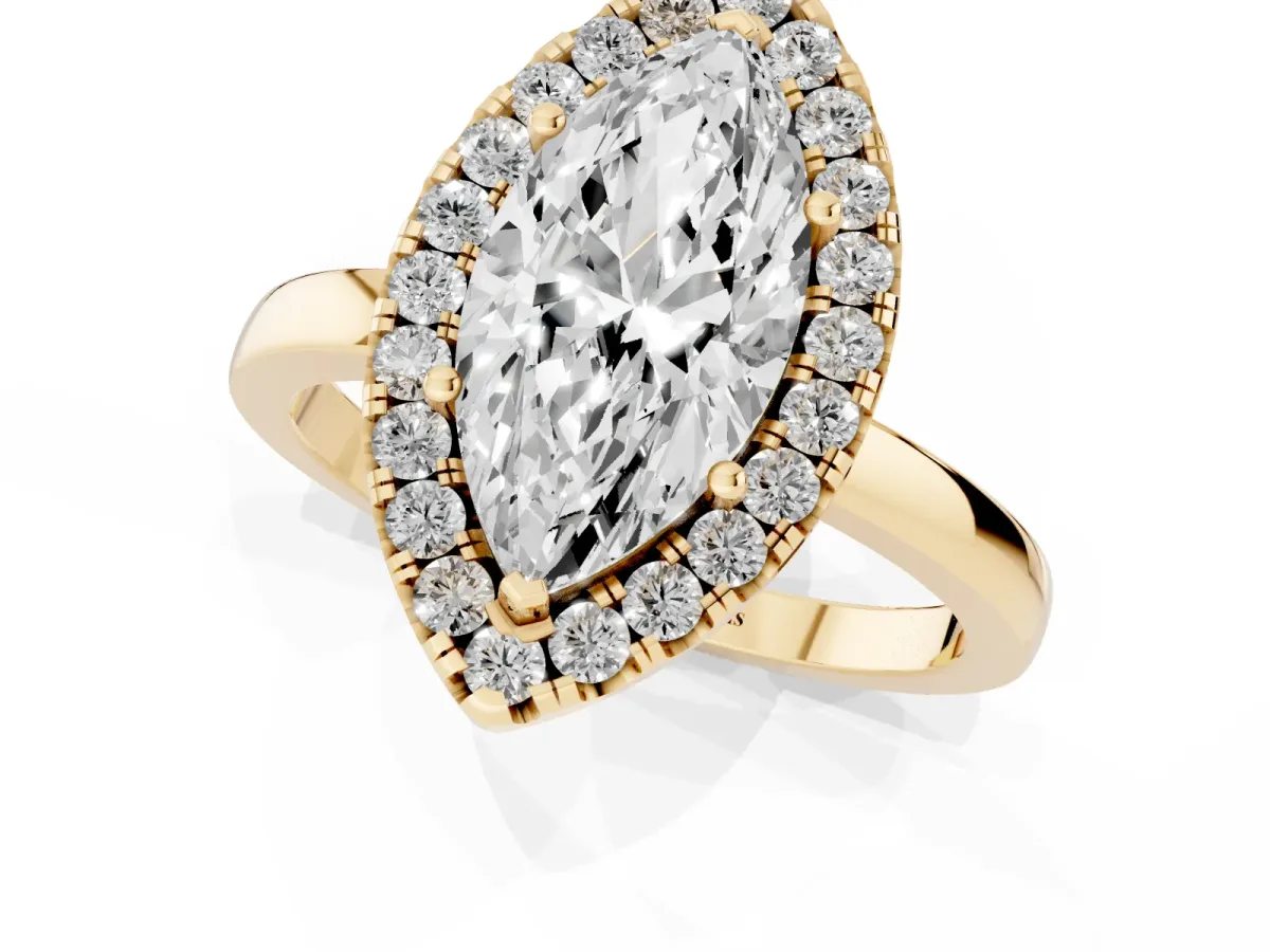 Marquise Cut Halo Diamond Solitaire with Pavé Band and Four-Prong Setting Yellow gold