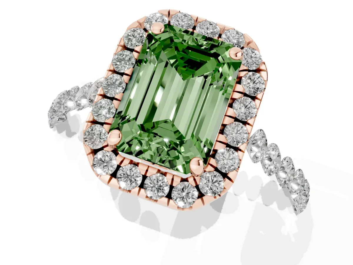 Fancy Green Emerald Cut Halo Pavé Diamond Engagement Ring with Four-Prong Setting Rose gold
