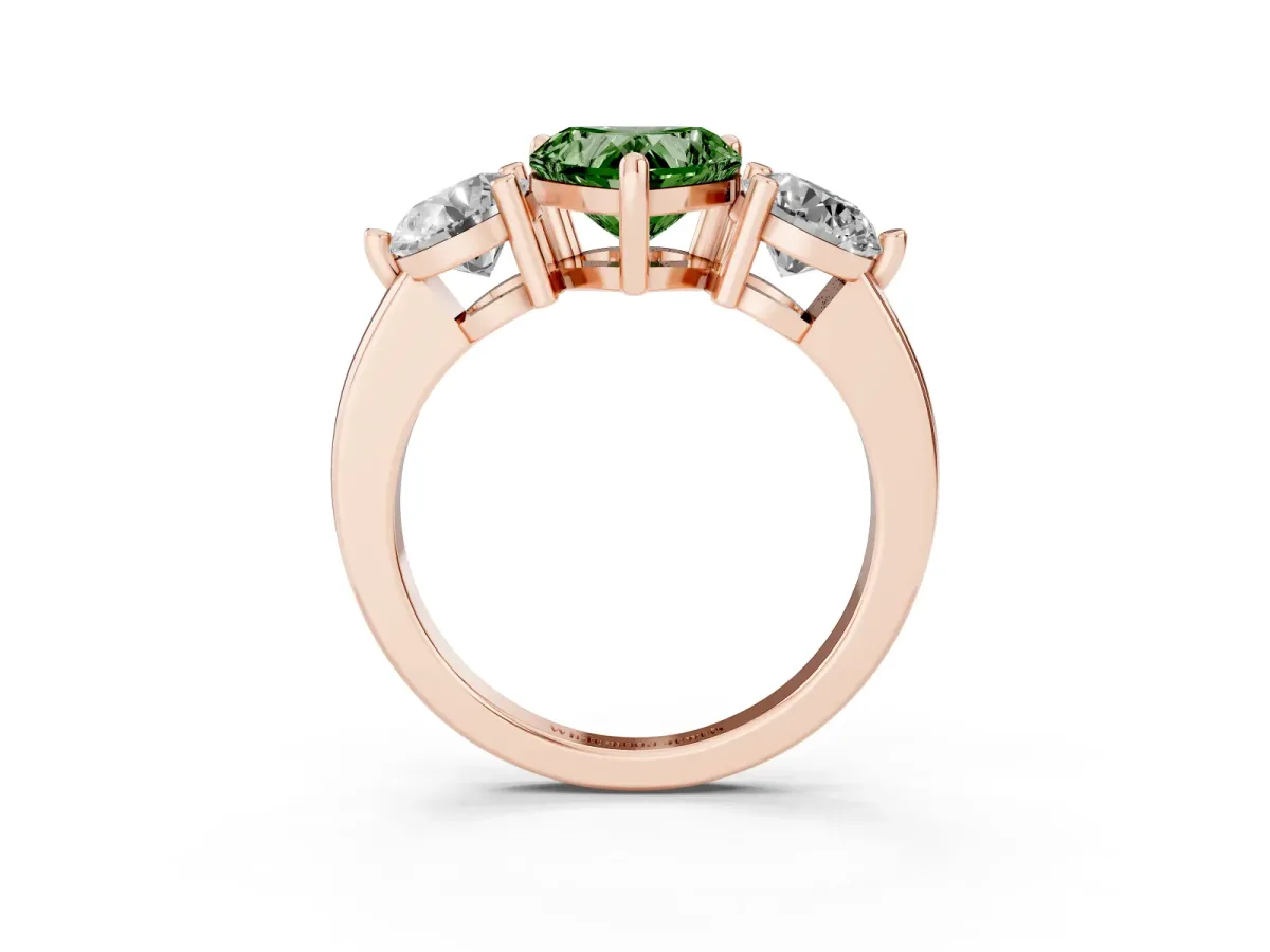 Fancy Green Three-Stone Heart Cut Brilliant Cut Solitaire Ring with Prong Setting on a Classic Band Rose gold