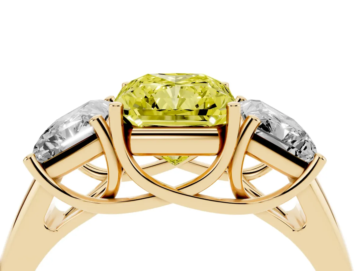 Fancy Yellow Three-Stone Radiant Cut Diamond Engagement Ring with Prong Setting Yellow gold