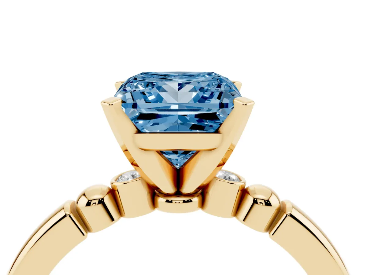 Fancy Blue Princess Cut Solitaire Beaded Band with Four-Prong Setting Yellow gold