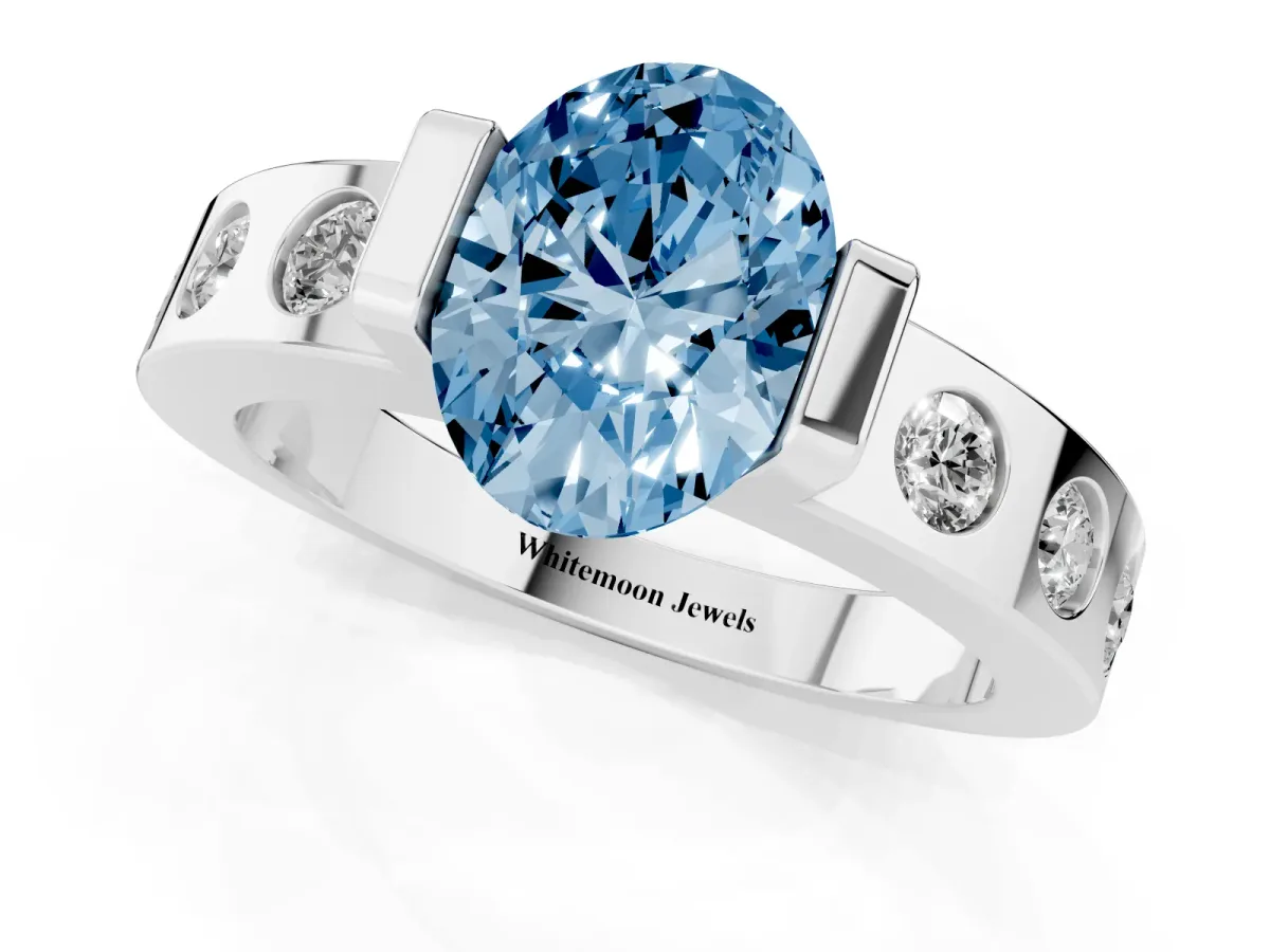 Fancy Blue Oval Cut Brilliant Channel-Set Diamond Ring with Bezel Prong Setting Silver