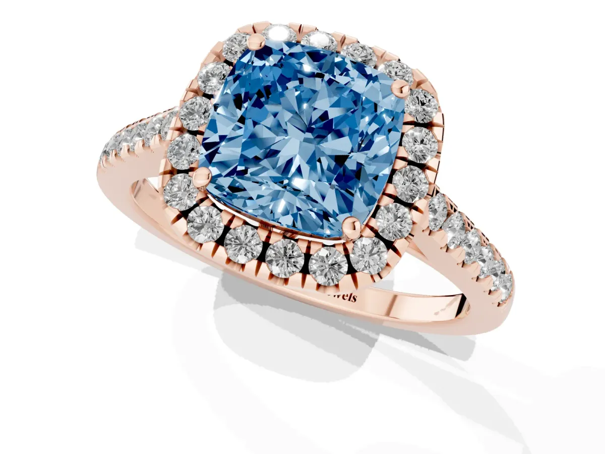 Fancy Blue Cushion Cut Halo Pavé Diamond Engagement Ring with Four-Prong Setting Rose gold