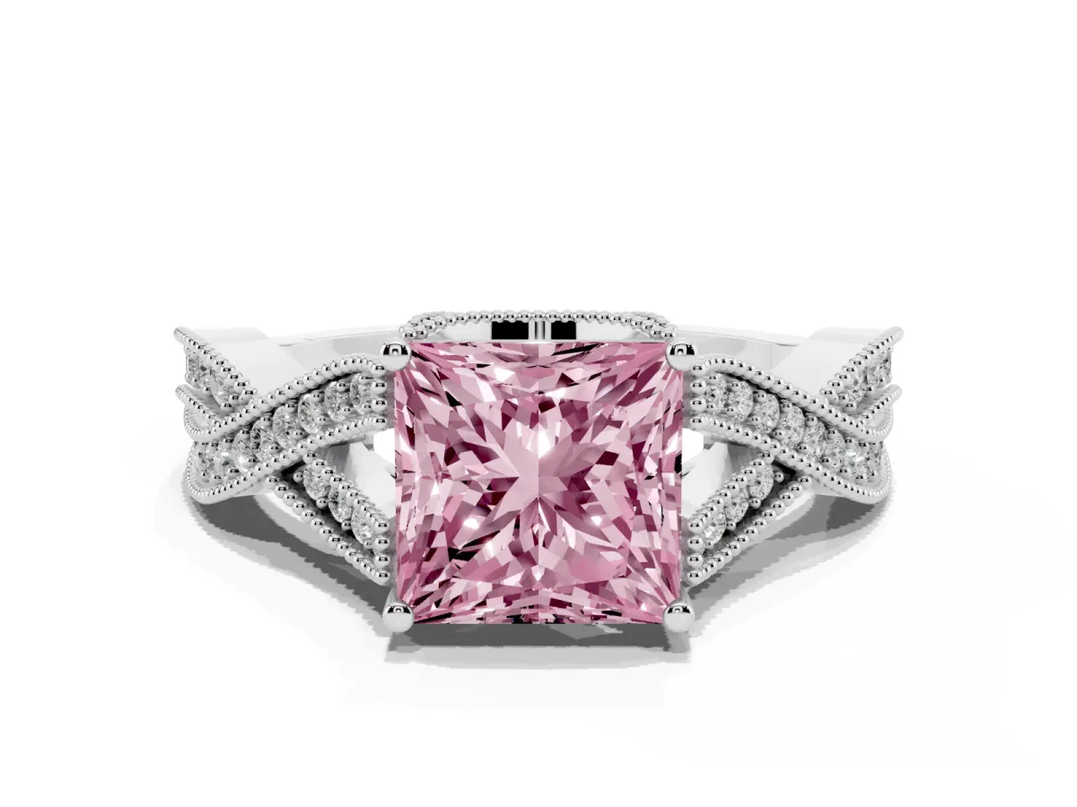 Fancy Pink Princess Cut Cut Diamond Twisted Band with Milgrain Pave Setting and Four-Prong Setting Platinum