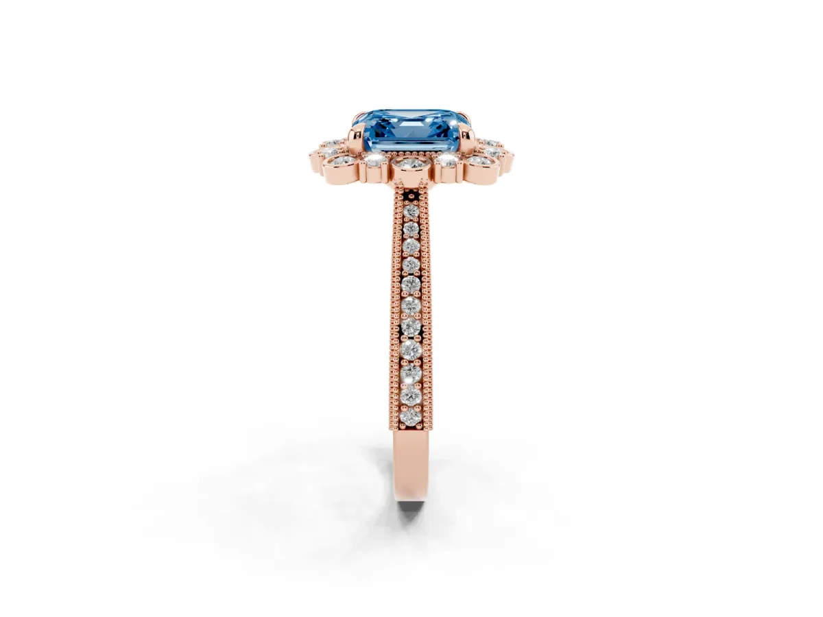 Fancy Blue Asscher Cut Halo Milgrain Pave Diamond Ring with Four-Prong Setting Rose gold