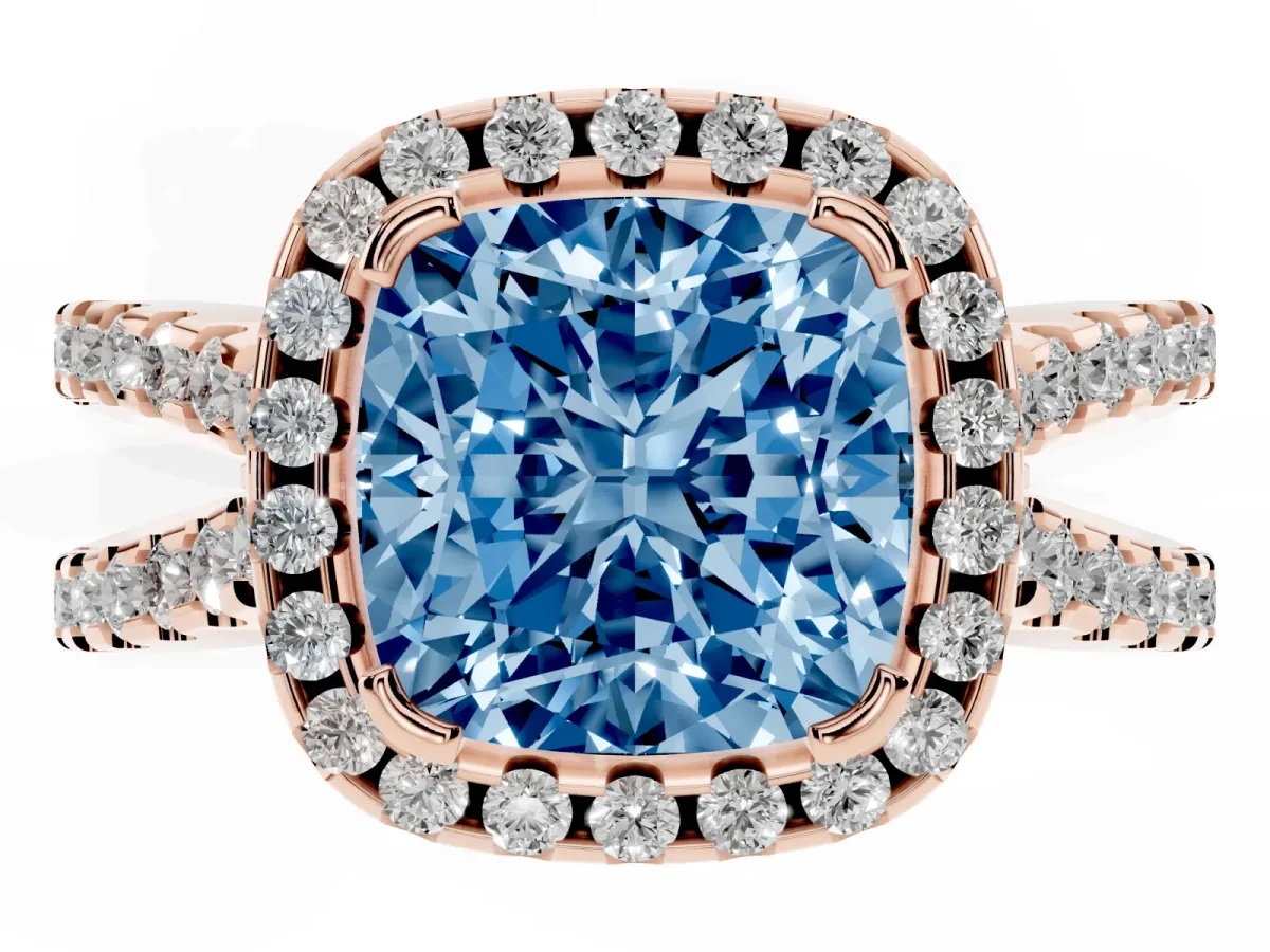 Fancy Blue Cushion Cut Diamond Halo Ring with Split Shank Pavé Band and Prong Setting Rose gold