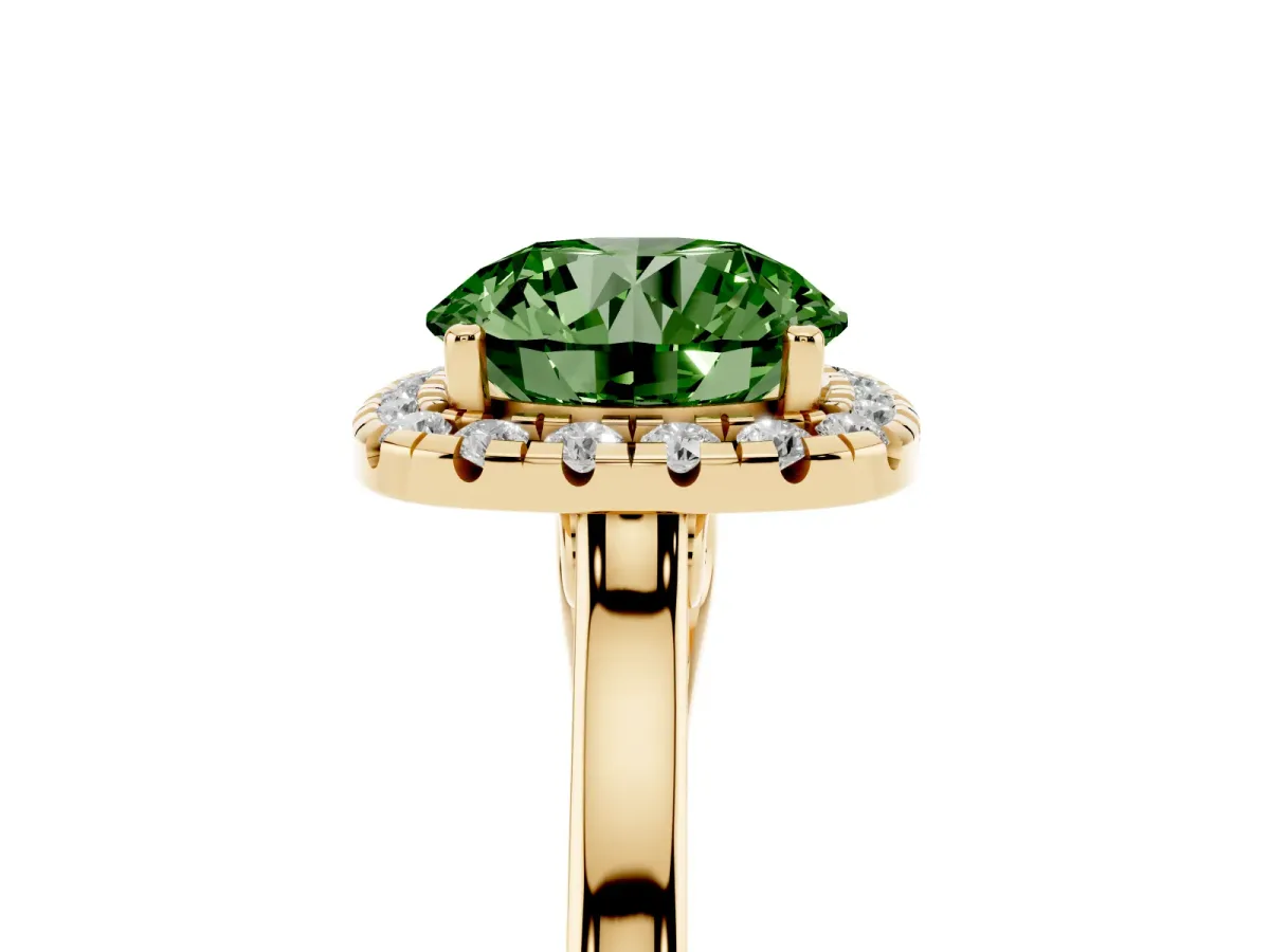Fancy Green Round Cut Halo Round Diamond Solitaire Ring with Pavé Band and Four-Prong Setting Yellow gold
