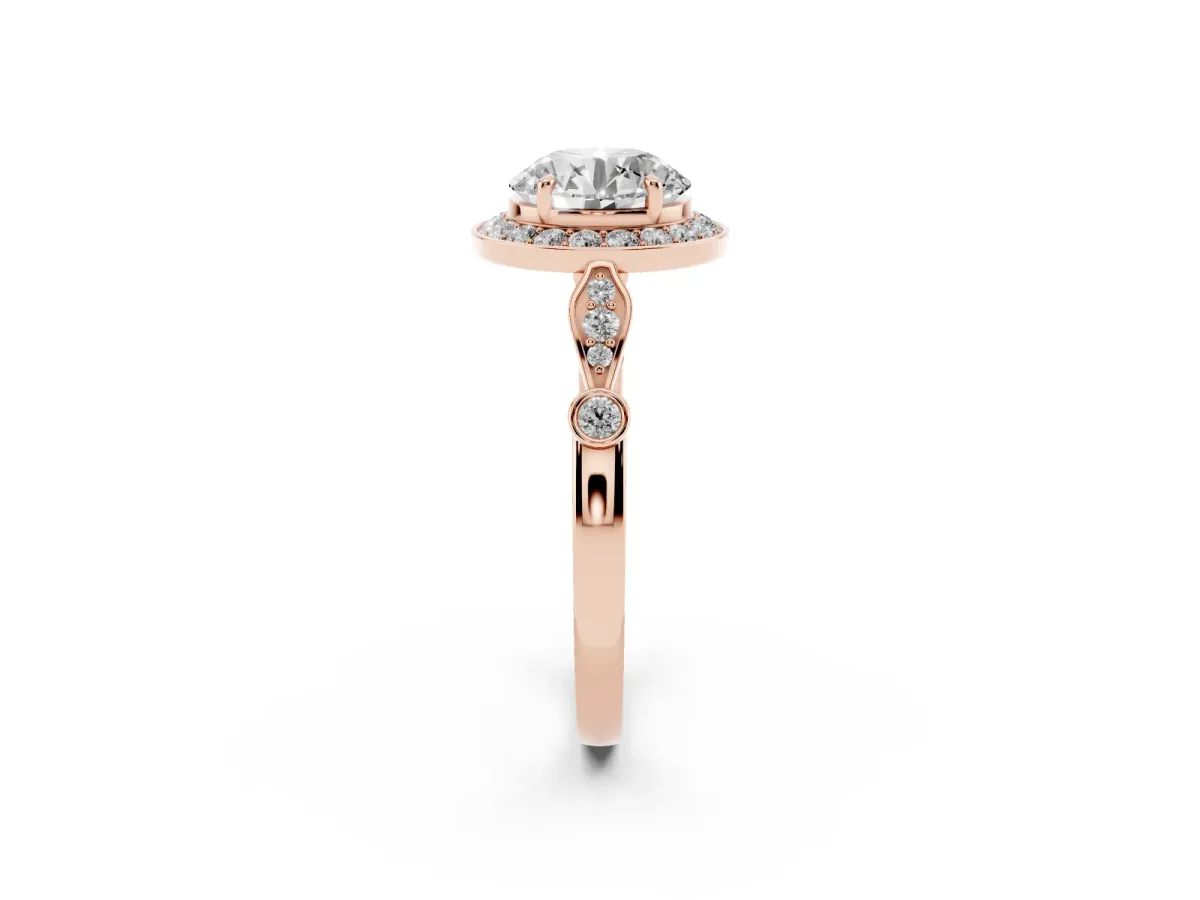 Round Cut Halo Diamond Engagement Ring with Twisted Band and Four-Prong Setting Rose gold