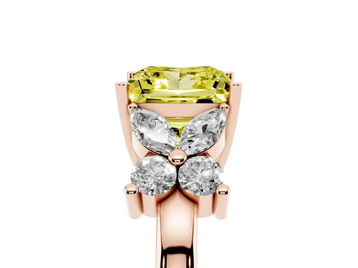 Fancy Yellow Princess Cut Diamond Floral Cluster Ring with Solitaire Band and Prong Setting Rose gold