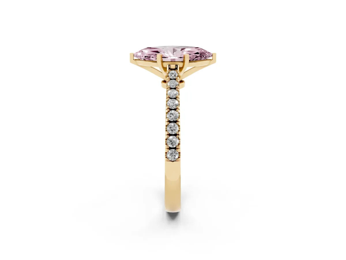 Fancy Pink Marquise Cut Cut Solitaire Diamond Engagement Ring with Pave Band and Four-Prong Setting Yellow gold