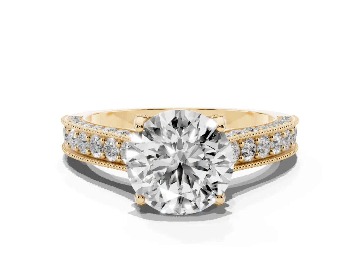 Round Cut Cut Diamond Solitaire Ring with Milgrain Pave Band and Four Prong Setting Yellow gold