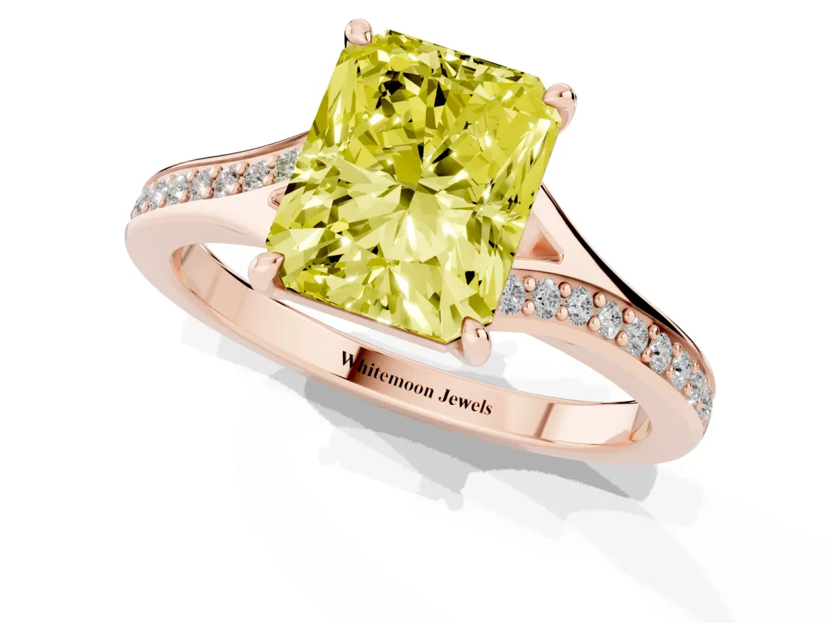 Fancy Yellow Radiant Cut Diamond Solitaire Ring with Pavé Band and Prong Setting Rose gold