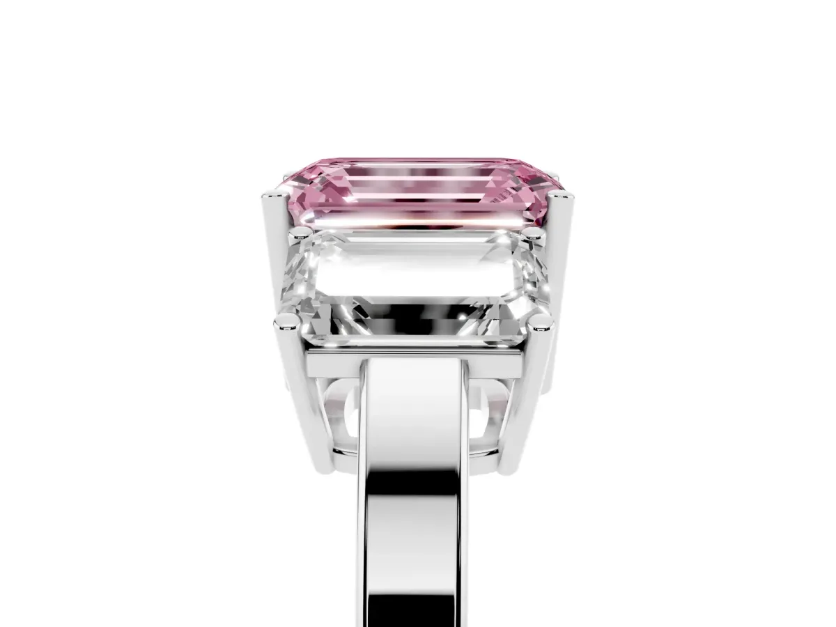 Fancy Pink Three-Stone Emerald Cut Cut Diamond Engagement Ring with Flat Band and Four-Prong Setting Silver