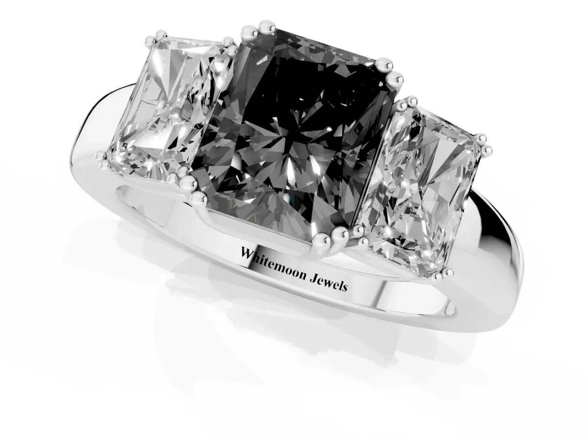 Fancy Black Three-Stone Radiant Cut Cut Diamond Ring with Channel Set Band and Four-Prong Setting Silver