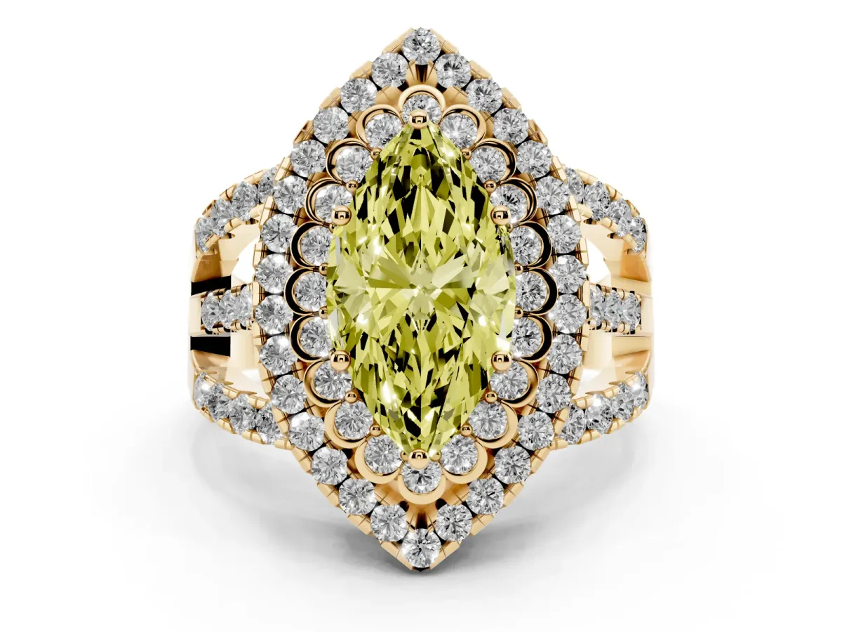 Fancy Yellow Marquise Cut Diamond Double Halo Ring with Round Pavé Split Shank and Prong Setting Yellow gold